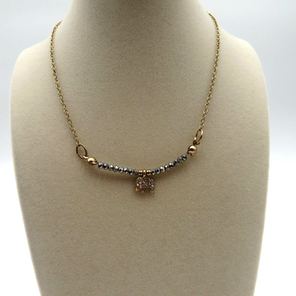 Elephant Charm Necklace 12" Rhinestone Encrusted Silver Tone Metallic Beads